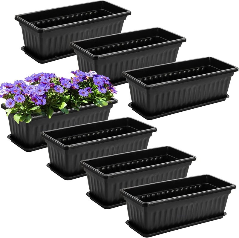 Fasmov 7 Pack 17 Inches Flower Window Box Plastic Vegetable Planters with Trays Vegetables Growing Container Garden Flower Plant Pot with 7 Pcs Plant Labels for Balcony, Patio, Garden, Black - Image 4